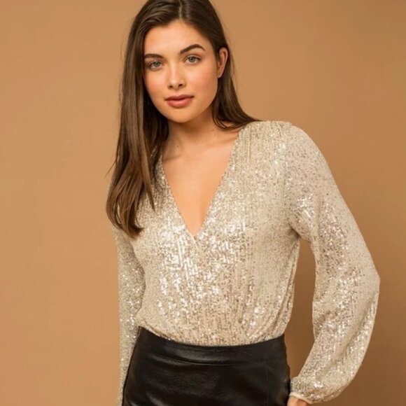 Gilli Long Sleeve Sequin Wrap Bodysuit - Picture 1 of 6